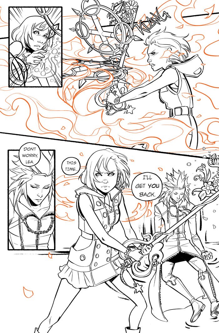 A little comic about the first idea that came to mind from that really distressing trailer.
Just inks - might color later but now I need to sleep.

I think it'd be really cool to get to play as Kairi against Axel. Let her defeat her kidnapper and save her new friend/big brother 