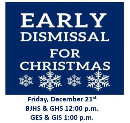 GilmerISDProud's tweet photo. Early Dismissal-Friday, Dec. 21st https://t.co/8pabHYA6Dr