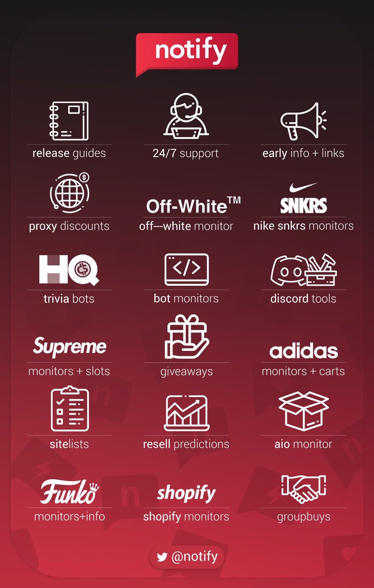 Notify will be restocking memberships this Sunday 16th with the first wave at 11AM EST and a second wave at 7PM EST at notify.vip

This will be the final restock of the year. 

5 random retweets will get 100% off coupon codes. 🚨