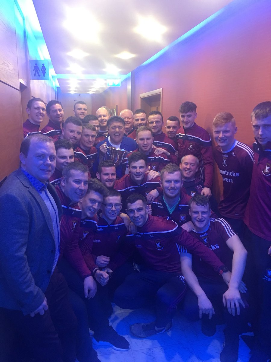 RTEOne's tweet photo. First up on tonight’s #LateLate Mullinalaghta’s victorious GAA team. Here they are having the craic with Pat Shortt backstage. https://t.co/NdZhUmZ9s7