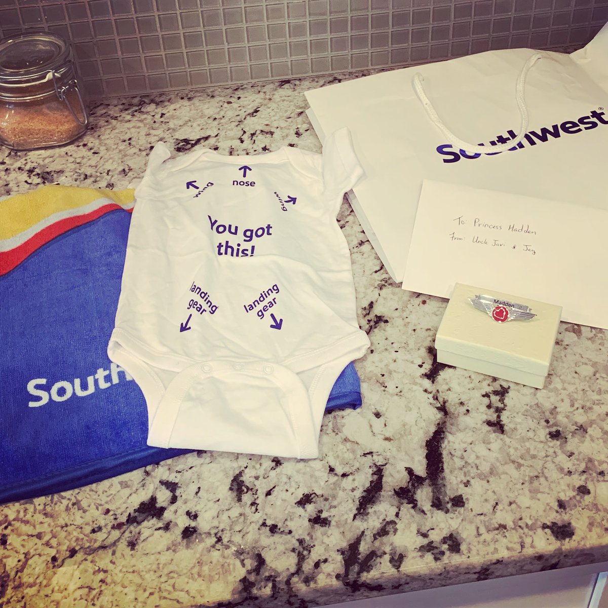 KinseyTravels's tweet photo. An amazing gift from my favorite flight attendant for our baby girl due Jan 10 2019! Her first set of personalized wings ๐ @SouthwestAir #AListOrBust #futureAvGeek https://t.co/7UnJ9d24YR