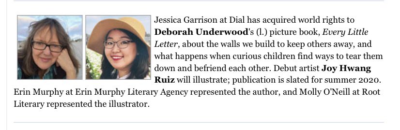 So excited for debut @RootLiterary illustrator @momisdrawing to get to work on a picture book with @underwoodwriter! EVERY LITTLE LETTER is going to be really special.