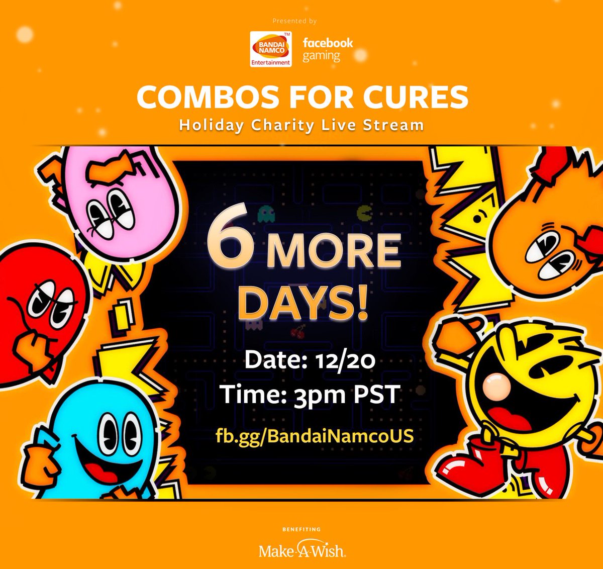 BandaiNamcoUS's tweet image. 6 Days Left until we have our Holiday Charity Live Stream supporting @MakeAWish! 

Tune in at 3PM PST on Dec. 20th @ fb.gg/bandainamcous to watch us play everything from Tekken to Pac-Man.