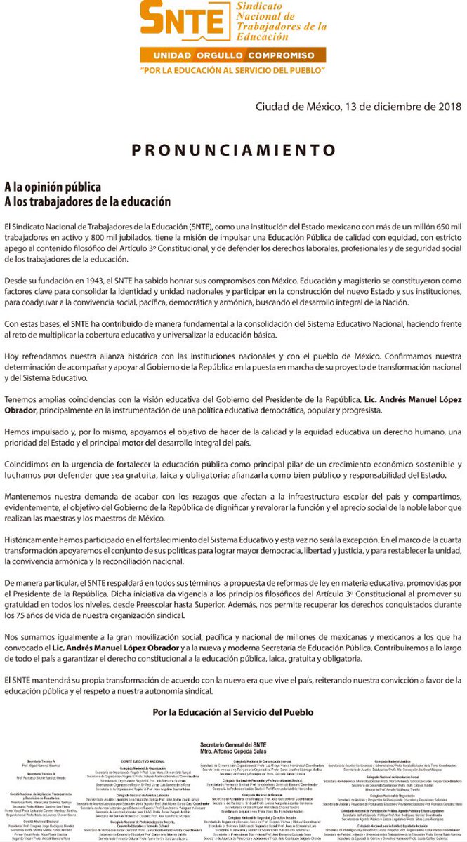 #SNTEconMéxico 📚🇲🇽📚
👉PRONUNCIAMIENTO👈 Refrenda #SNTE alianza histórica con instituciones y su apoyo a la Cuarta Transformación y modelo educativo que impulsa el Gobierno de México 🇲🇽 VER COMPLETO👉https://bit.ly/2UHKdrl
#FelizJueves México #GraciasPuebla Mexicali WhatsApp