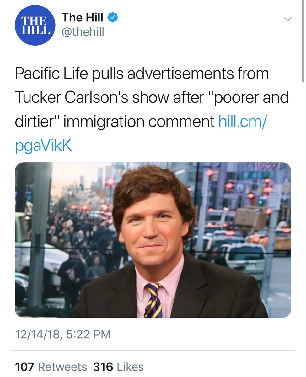 JordanUhl's tweet photo. Fox News doubled down on Tucker's comments.

Pacific Life dropped.

What about his other advertisers?

@ask_progressive
@subaru_usa
@mitsucars
@expedia
@CapitalOne
@indeed
@LibertyMutual
@Varidesk
@JennyCraig
@Bowflex
@AstraZeneca
@Nutrisystem
@WeatherTech
@GSK
@pfizer
@Allergan https://t.co/9WZ1LIj6sw