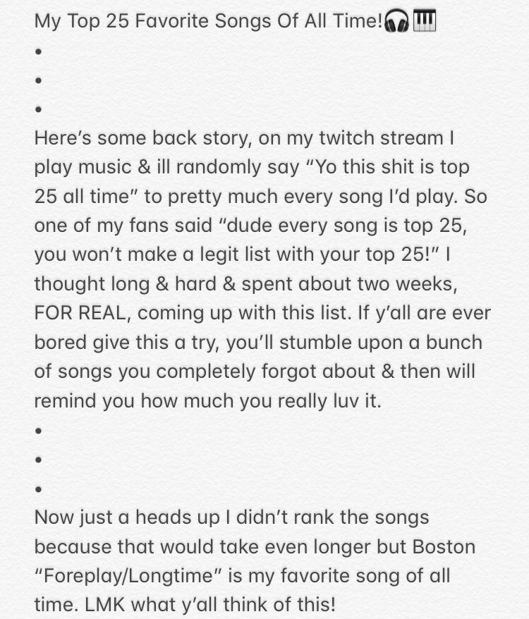 nickdais10's tweet photo. My Top 25 Favorite Songs Of All Time. Gave this a lot of thought, this is how it came about!!! Tell me what yโall think! #MyTop25 https://t.co/IbYdHUK2Sv