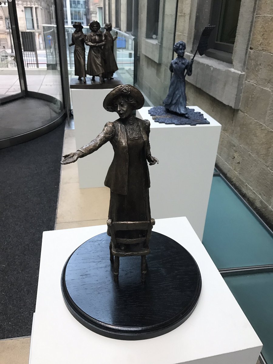 The @HazelReeves @OurEmmeline statue unveiled today, and the maquette during the public vote back in March 2017 at @mcrartgallery. Fabulous to see this today.
