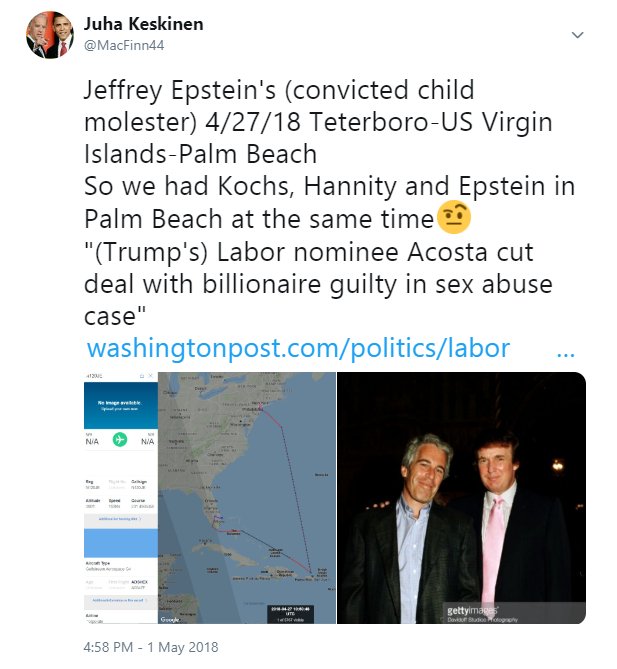 Jeffrey Epstein's (convicted child molester) N212JE 12/14/18 US Virgin Islands-Palm BeachICYMI Koch brothers' N265K flew to PB today and it's not the first time they're in PB at the same time..."...Epstein is also a longtime friend of Tom Barrack..." https://en.wikipedia.org/wiki/Jeffrey_Epstein