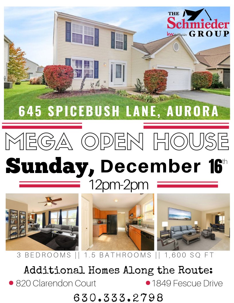 gschmieder's tweet photo. It’s a MEGA OPEN HOUSE event and everyone’s invited!! Join us Sunday, December 16th from 12pm-2pm and find that home you’ve been looking for. 630.333.2798 #theschmiedergroup #kellerwilliamsrealtyinfinity #megaopenhouse #aurorahomes #realtor https://t.co/G3sFaSSMo9