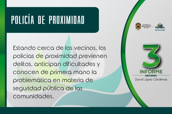 #3InformeMetepec: Con la #PolicíaDeProximidad se previenen delitos y nos mantenemos cercanos a las comunidades.
#GobiernoQueDecideContigo