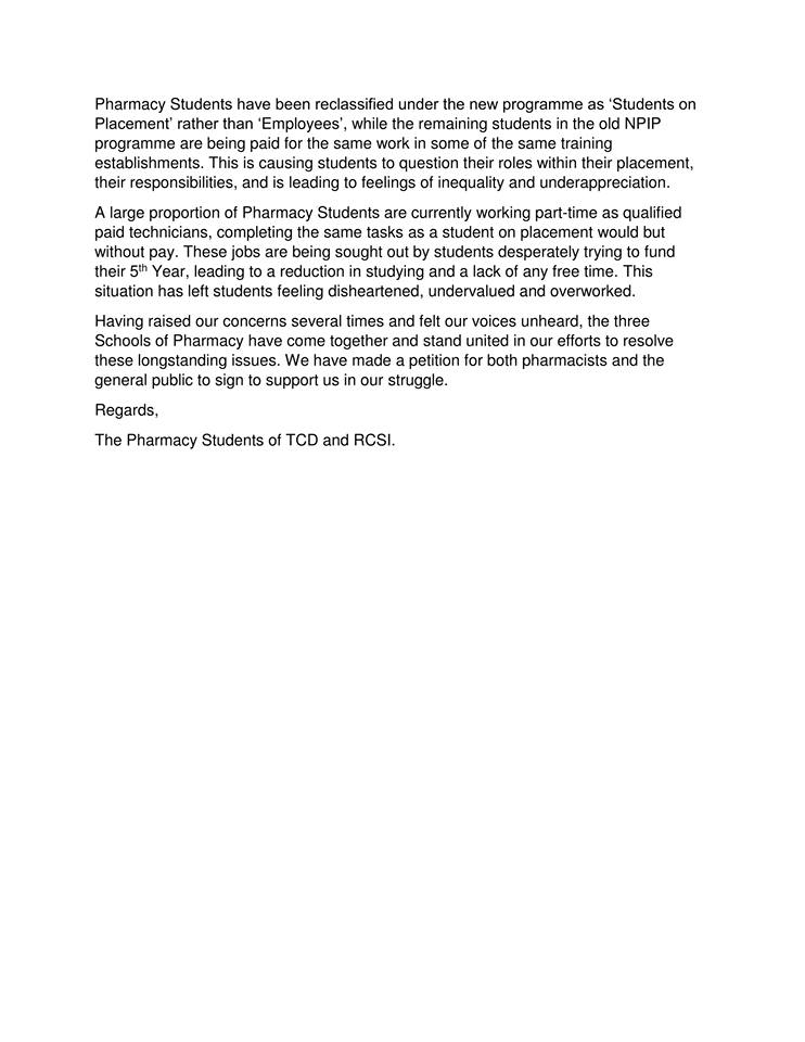 Sean_Coll_'s tweet photo. https://t.co/3i8LKCLXgH Pharmacy students are in vulnerable positions where learning is not prioritised. Pharmacists are valuable, our contribution to patient care needs to be recognised before it's too late. #employeesnotstudents @SimonHarrisTD @campaignforkate @BrassilJohnTD https://t.co/rOtAGKDTkH