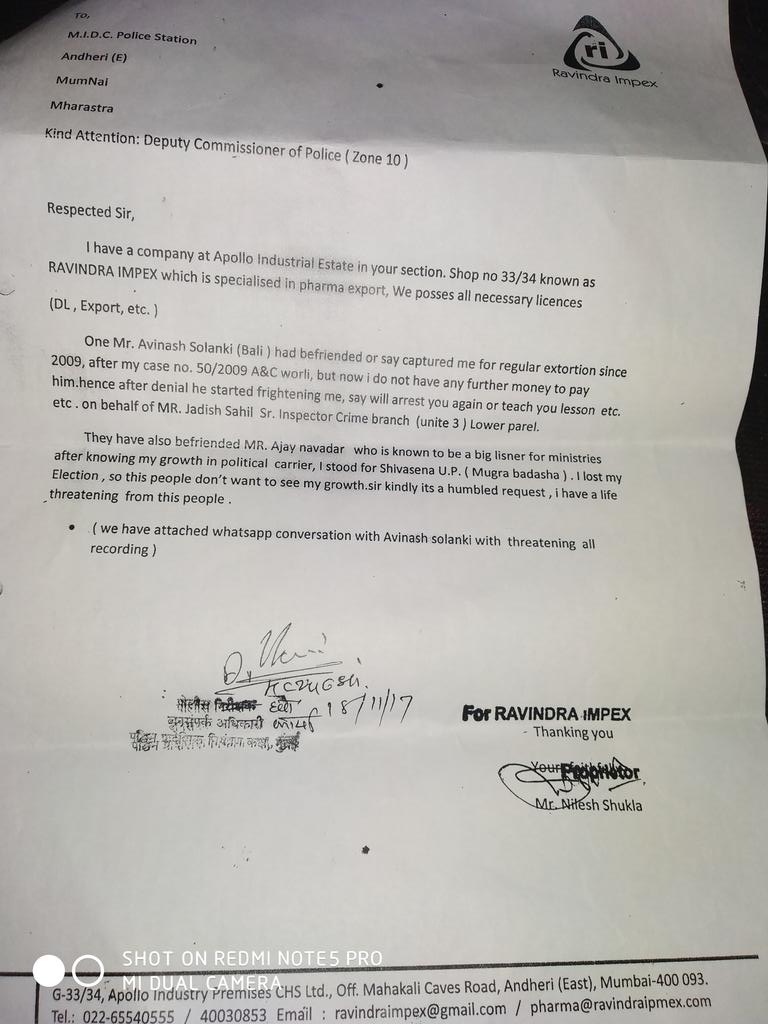 This is the letter @MumbaiPolice @CPMumbaiPolice is hiding from the #Hounarable court an application of #extortion & #lifethreat from #jagish_sahil #solanki #ajaynavandar & other's who showed gun to #Nilesh but #dcp reddy ignored it & after that it became a film @PMOIndia @aajtak