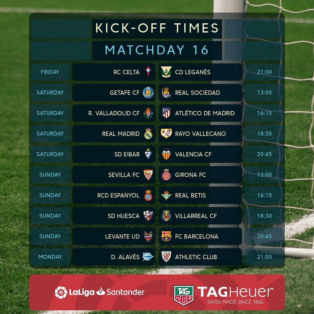 Partidos de la Jornada 16 en #LaLiga.
#LaLigaSantander ⚽