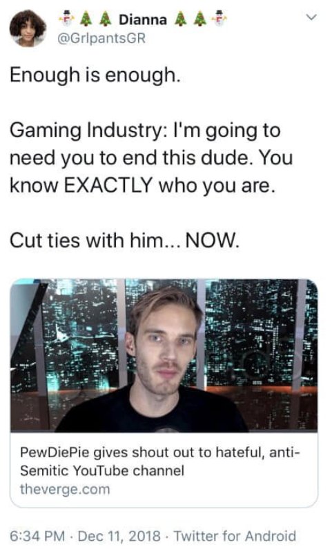 KEEMSTAR's tweet photo. This Ubisoft game dev @grlpantsGR, has called for the gaming industry to "END" @pewdiepie ! https://t.co/X3EiOFZMZt
