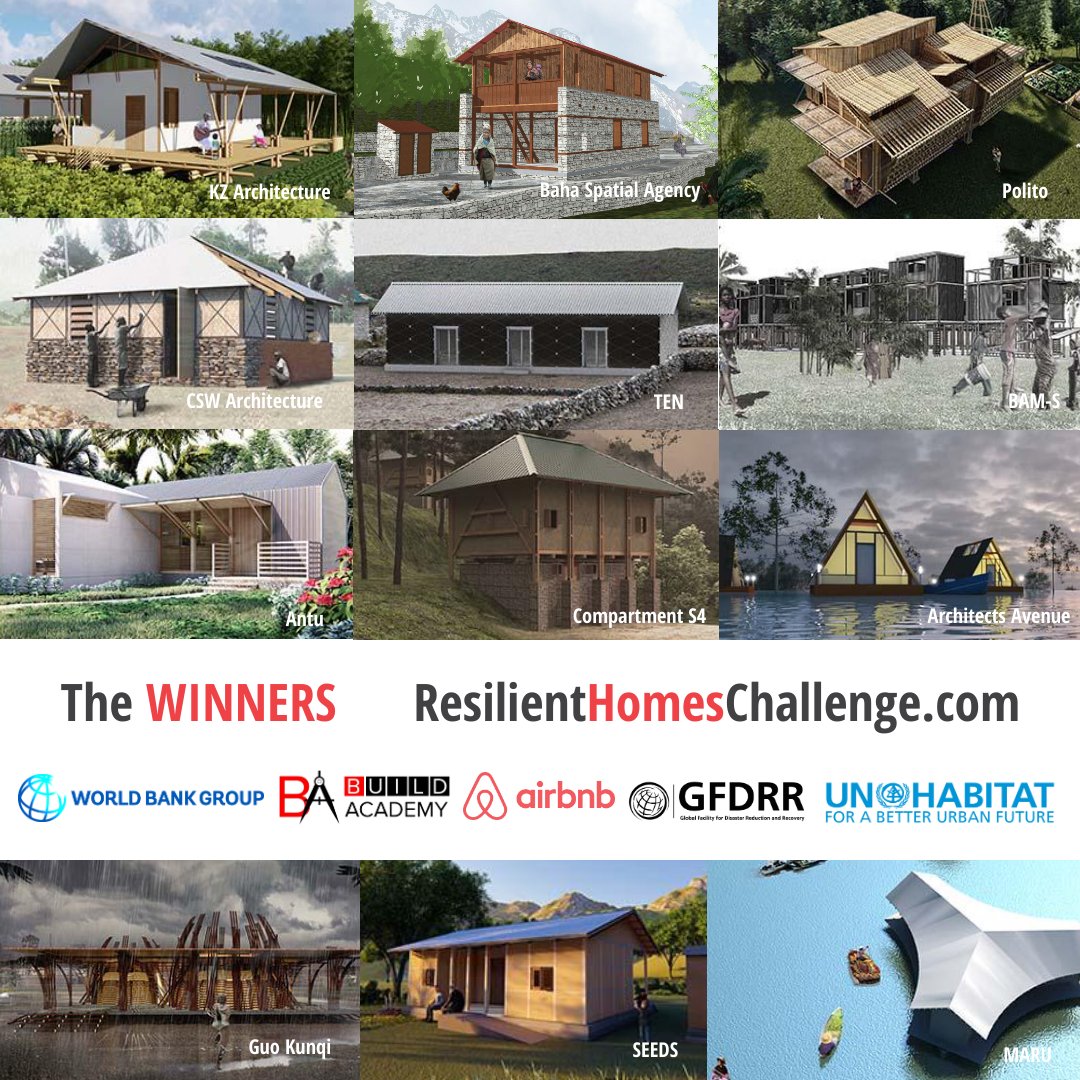 BuildAcademyNY's tweet photo. The winners of the Resilient Homes Design Challenge have been chosen! View them on https://t.co/2NuNF5ftKo. We'd like to thank the 3,225 participants from over 130 countries and our partners @WorldBank @Airbnb @UNHABITAT @GFDRR in making this a success! #Architecture #SDGs #Build https://t.co/zPBf5zpSfO