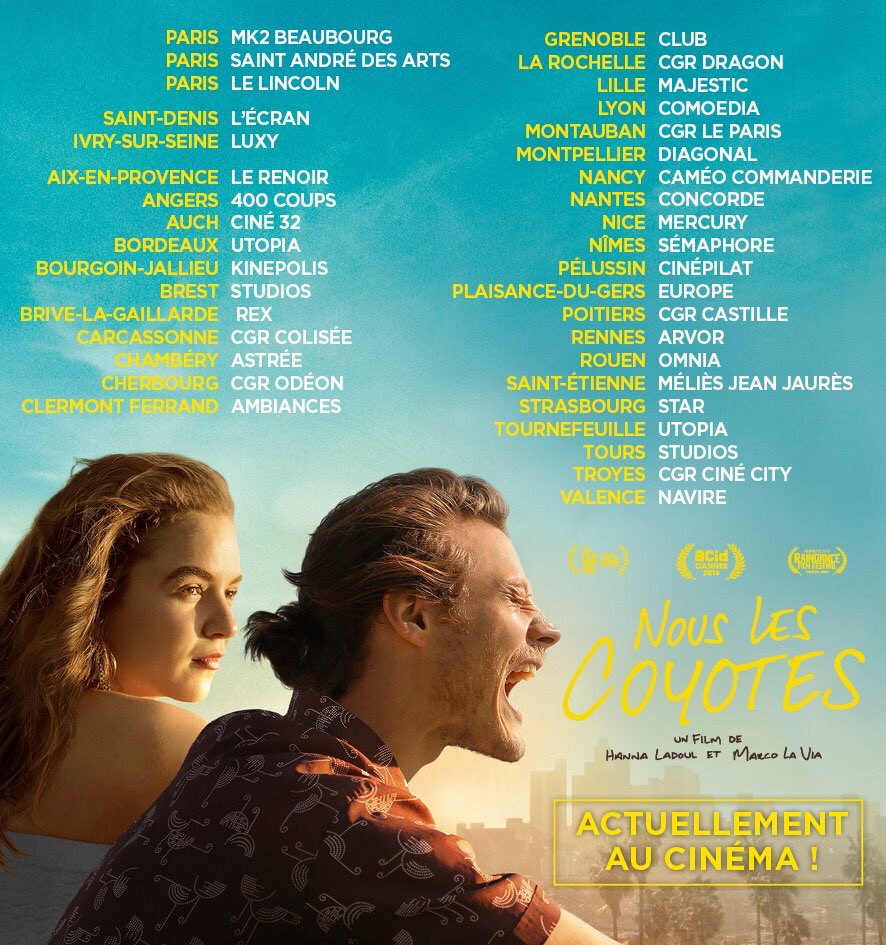 Si vous l’avez loupé à #Cannes en mai dernier dans la sélection @AssociationACID ou plus récemment lors des Rencontres Cinématographiques de #Cannes ... « Nous les coyotes » des talentueux  <a href="/H_Lad/">Hanna Ladoul</a> et <a href="/mmlvia/">Marco La Via</a> est à l’affiche en ce moment ! #plusdexcuse #allezlevoir #bravolesamis
