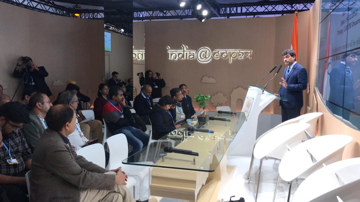 moefcc's tweet photo. Mr A K Mehta, Additional Secretary in the @moefcc shares that #IndiaPavilion has recieved more than 1500 footfalls each day and attracted attraction of eminent dignitaries from across the word, during a valedictory session of India Pavilion #IndiaInCOP24 #OneWorldOneSunOneGrid https://t.co/U8tz2sUKqJ