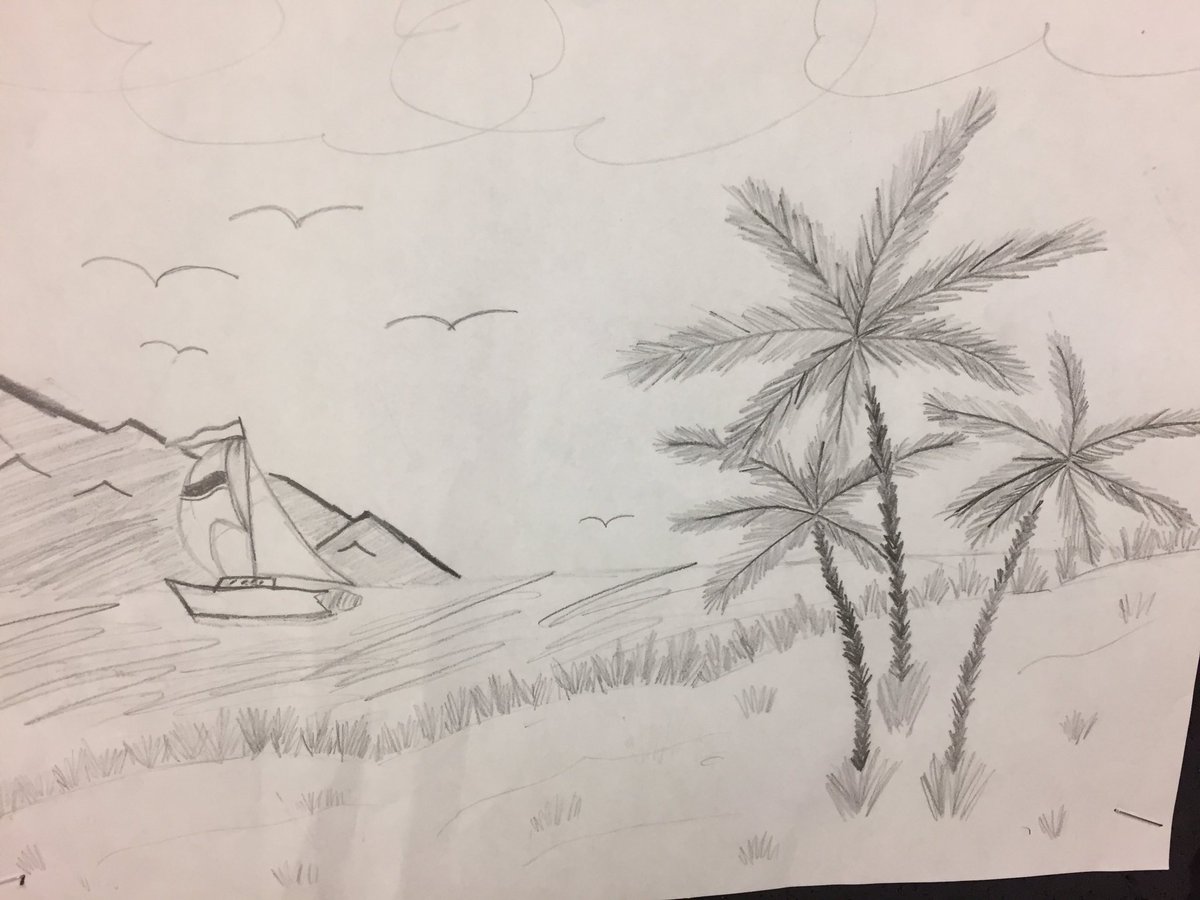 BirchviewDunes's tweet photo. On a rainy wintry day, our Grade 7 art had us dreaming of warmer places! #ewaski #artmatters #pencilsketch @SCDSB_Schools https://t.co/dKrtcYyl7G