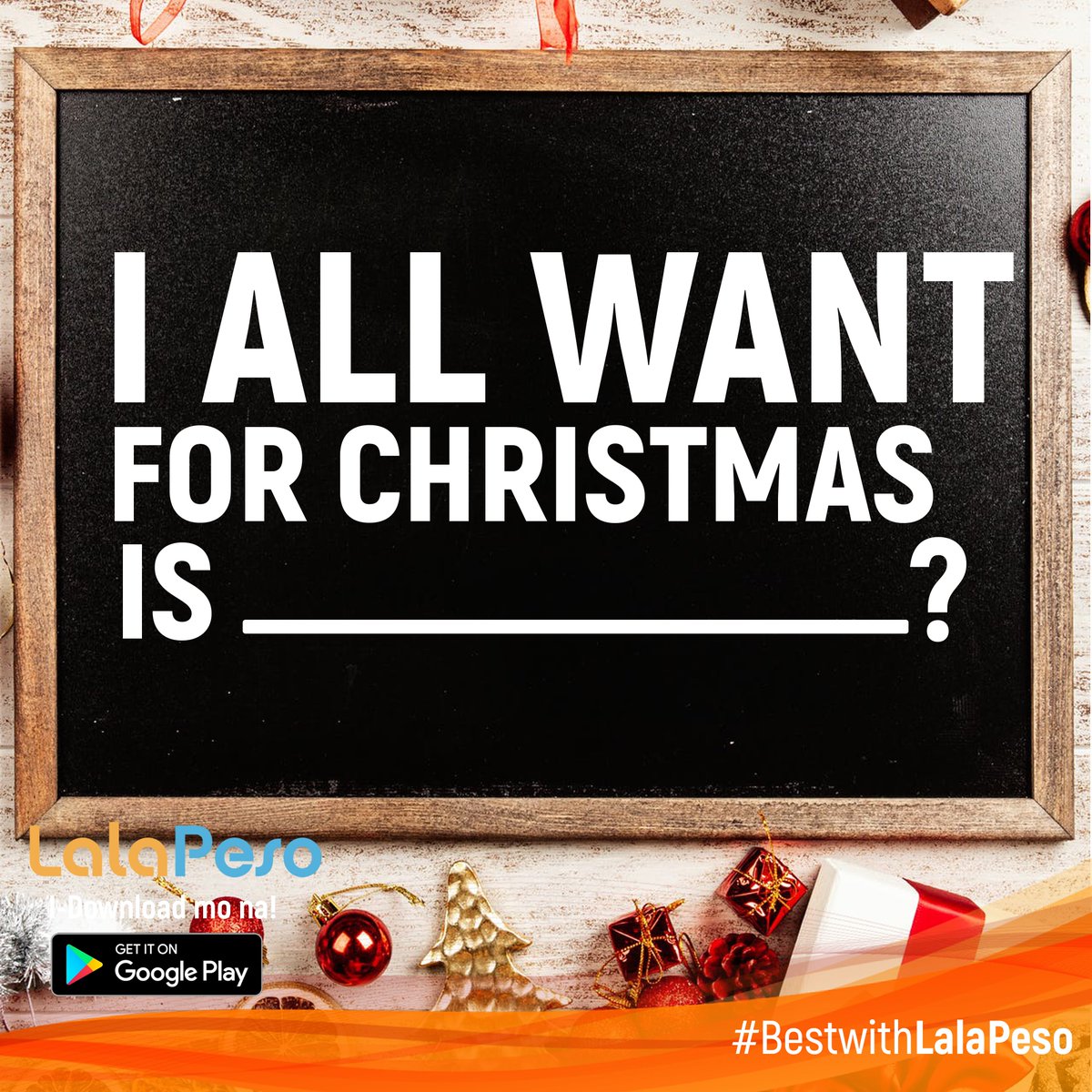 lalapesoph's tweet photo. Mga ka-Lala Peso! Tell us what you want for Christmas? And Lala Peso might make your wish come true!

Download &amp; Apply Now:
https://t.co/lRHOk1u5ty

#BestwithLALAPESO
#ChristmasayawithLalaPeso
#LalaPeso https://t.co/L1yYHMF4CF