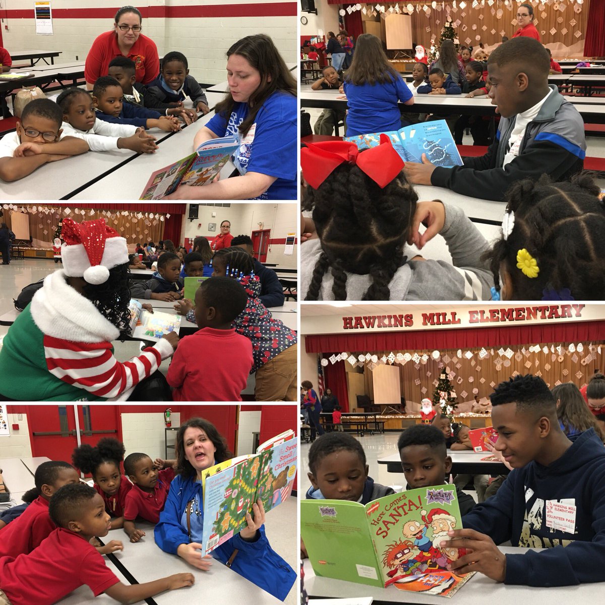 hmehawks's tweet photo. How do #Hawks get ready for the holidays? We READ our way into them! Today volunteers came to #TheMill to #ReadAroundtheChristmasTree 🎄to read to students and present each child with their own book. Thanks to all of our holly jolly helpers! @SCSK12Unified @mathewsbf1 https://t.co/TfoMh5uAKU
