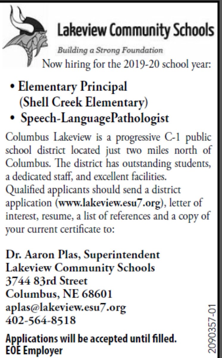 Want to work in one of the best school districts in the state of Nebraska?  Lakeview is looking for an Elementary Principal and SLP!  Come join our team! #lakeviewvikes