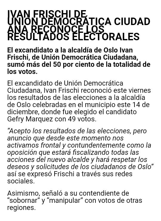 udc2018's tweet photo. Ivan Frischi de @udc2018 reconoce los resultados electorales y afirma que desde ahora serán oposición contudente y fiscalizadora vigilantes de que se cumpla lo ofrecido por el nuevo Alcalde Gefry Marquez a las comunidades de Oslo #juntosporOslo #14D #juegoderoles2018 https://t.co/AzfVTg4yJS