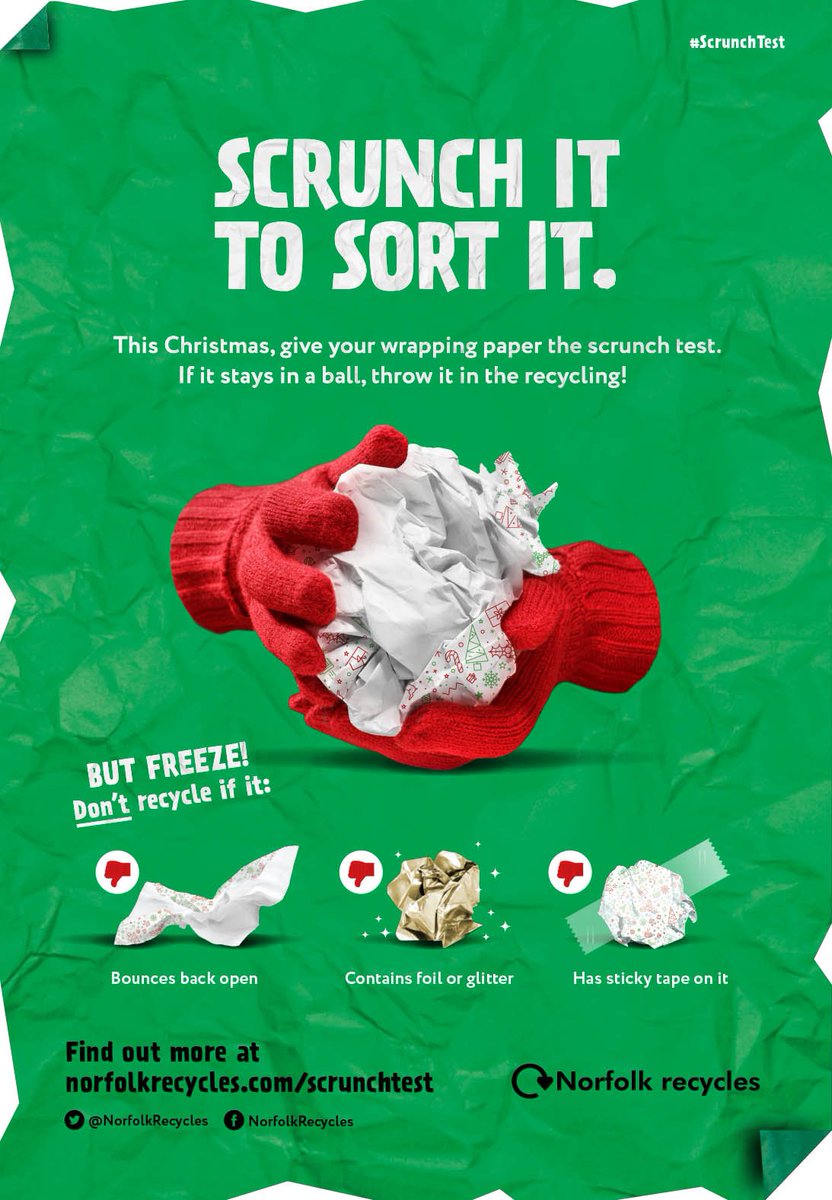 NorfolkRecycles's tweet photo. Find out if your Christmas wrapping paper can be recycled by doing the #scrunchtest. Scrunch your paper into a ball in your hand. If it springs back, it can’t be recycled. If it stays scrunched up, it can. Please remove sticky tape &amp; put glittery paper in the rubbish bin. https://t.co/831HaKDsxh