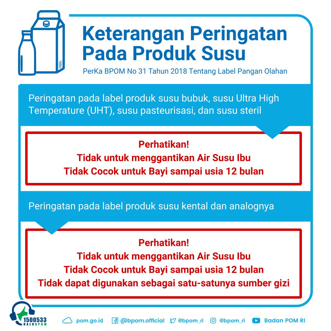 BPOM_RI's tweet photo. #SahabatBPOM selalu perhatikan peruntukan tiap produk susu, serta perhatikan pula peringatan-peringatan pada label sebelum membeli dan mengkonsumsi produk susu.

Ingin tahu informasi selengkapnya terkait peringatan pada produk susu, simak dalam infografis berikut
#PanganAman https://t.co/F5hM1JLhmW