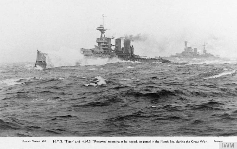HMWarships's tweet photo. HMS Tiger and HMS Renown steaming at full speed in the choppy North Sea, c. 1916-1918 (IWM). The battlecruiser Tiger was launched #OTD in 1913 by John Brown and Company of Clydebank, Scotland. https://t.co/vcu8LRk5hr