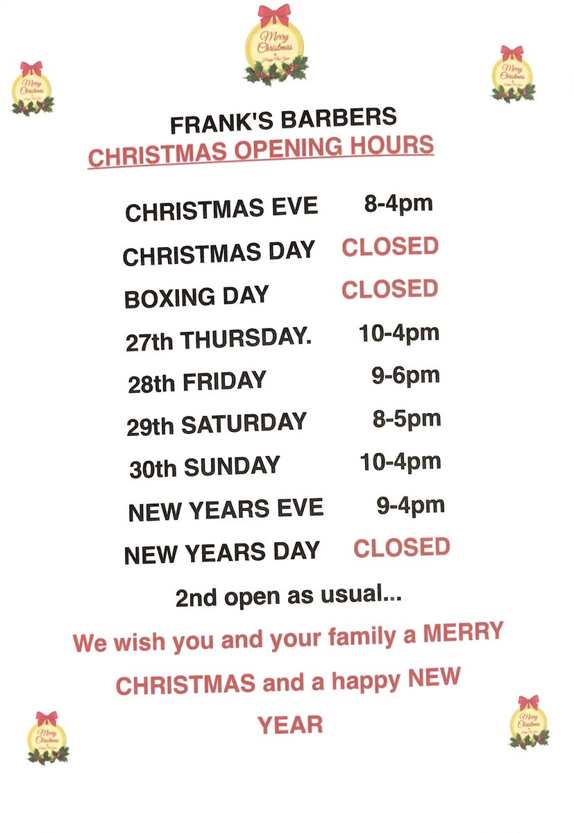 Dear all, 
May this festive season sparkle and shine, may all of your wishes and dreams come true, and may you feel this happiness all year round. Merry Christmas and a Happy new year from all of us @ #franksbarbers