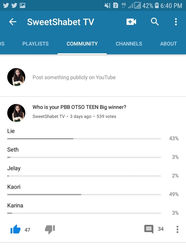 OnlineOtso's tweet photo. As of 6:40 Kaori got the 1st Spot with 49%
#SethLie #KaoRhys #KarJon #LieSeth
#PBBMaywardVis8 #PBBOtso https://t.co/O4SRWHTBtQ