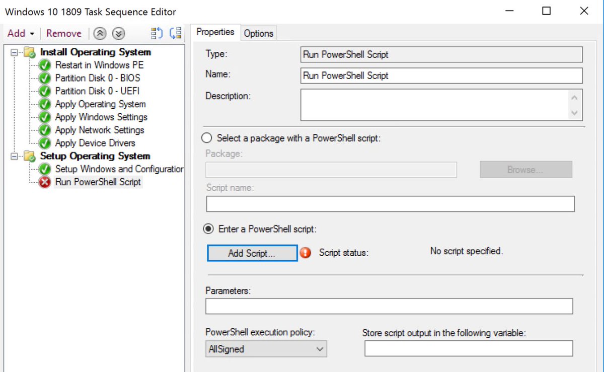 ccmexec's tweet photo. Run PowerShell script without content in TS in #ConfigMgr TP 1812 is great! Cannot wait until this is in Production! Less content to Update/distribute and check when doing OSD! #SCCM https://t.co/SZeb8Jm6Ti