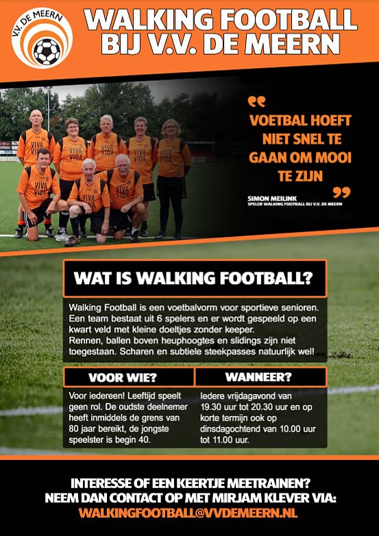 Dinsdag 15 januari bij V.V. De Meern ( Loenenseboslaan 2, 3454 NT De Meern): Demo Training Walking Football met medewerking van FC Utrecht Old Stars. Aanvang: 11:00 uur. Kom kijken, gelijk meedoen mag natuurlijk ook !! <a href="/VVDeMeern/">V.V. De Meern</a> <a href="/fcutrecht/">FC Utrecht</a> <a href="/Oldstars_nl/">OldStars</a>