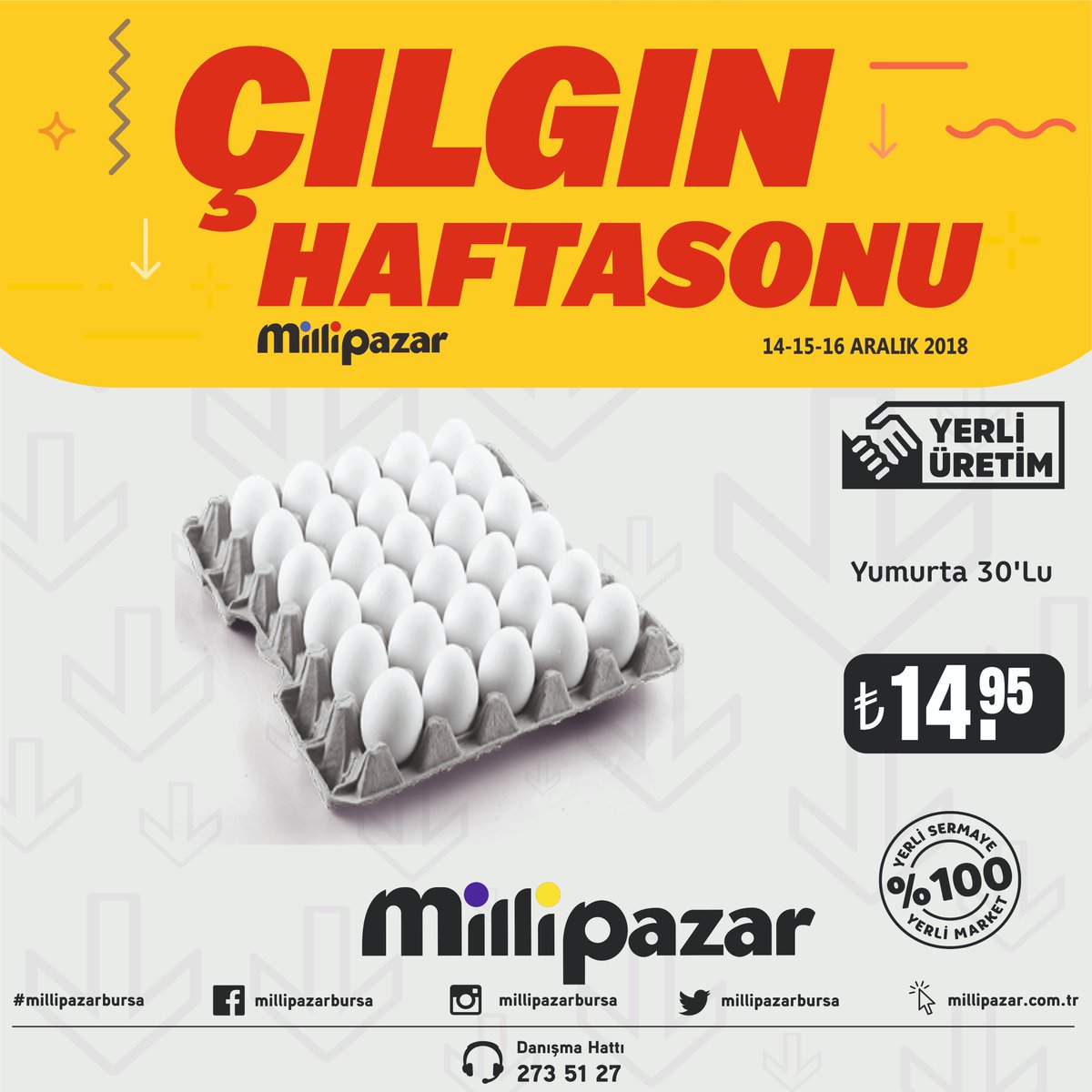 MilliPazarBursa's tweet photo. Milli Pazar'da Çılgın Hafta Sonu Fırsatları Devam Ediyor!!!
14-15-16 Aralık 2018 tarihleri arasında mağazalarımıza bekliyoruz. #millipazar #iyikiburadayım #bursanınençılgınmarketi #haftasonu #kampanya #fırsat https://t.co/1NxkY6a24P