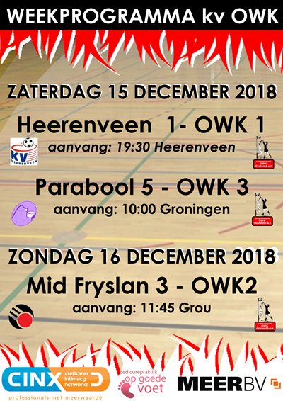Vandaag en Morgen gaan de senioren van OWK hun kopposities in Groningen, Heerenveen en Grou verdedigen in de laatste zaalwedstrijd van 2018. Komt allen!

<a href="/deparabool/">G.S.K.V. De Parabool</a> 
<a href="/kvheerenveen/">kvHeerenveen</a> 
<a href="/kvmidfryslan/">K.V. Mid-Fryslân / ReduRisk</a>