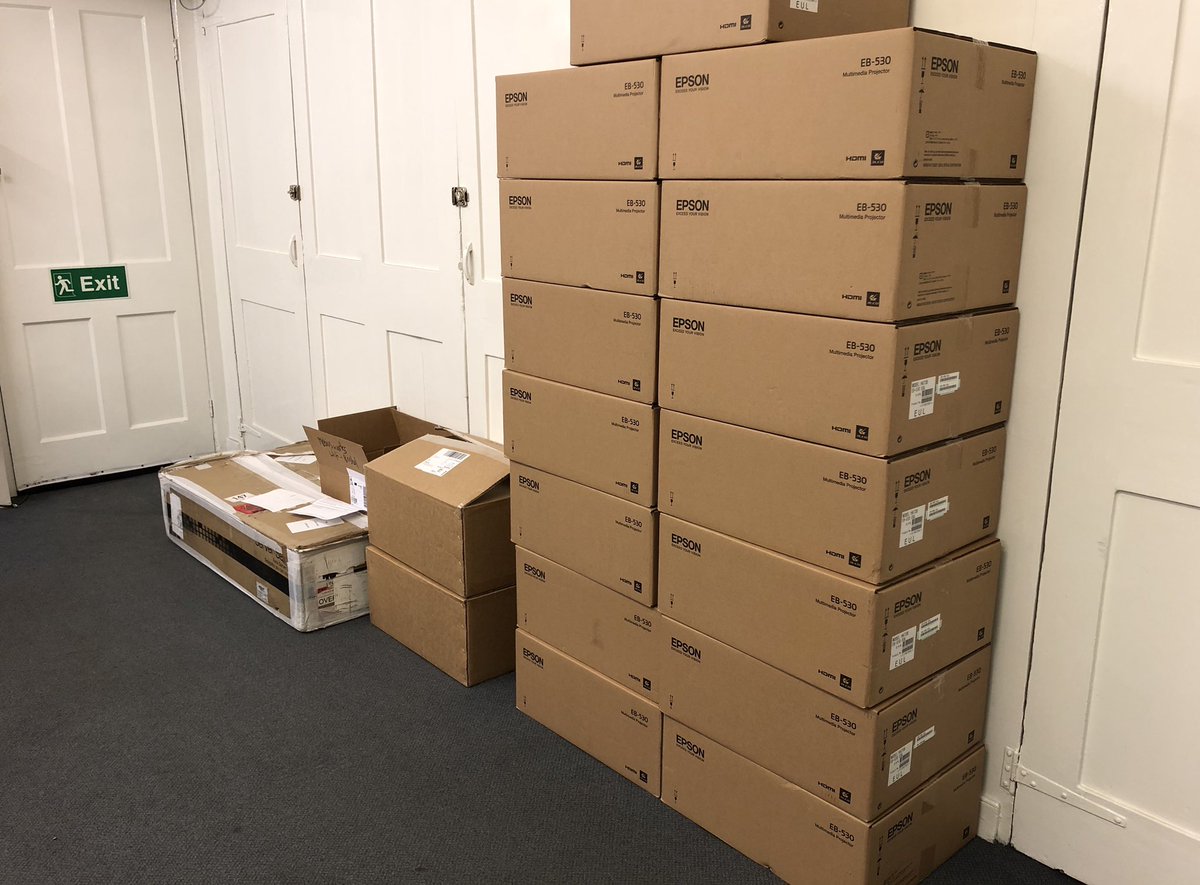 ONFINITYLTD's tweet photo. A few @EpsonUK projectors to install the week before Christmas, must be the last install of 2018 unless we get any last minute orders before the #christmasbreak #avinstallations #schoolsIT #projectors https://t.co/QmABXPvkuL
