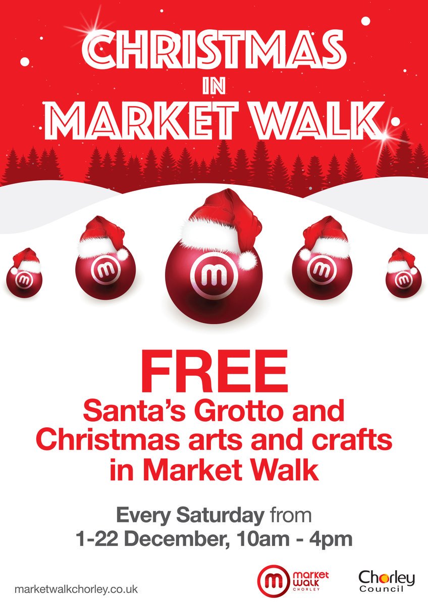 mwchorley's tweet photo. Come and visit Santa's Grotto in @MWChorley between 10am and 4pm today.  It's free to visit and every child will get a small gift. Plus there's free arts and crafts with @ARTv_Preston every Saturday #Christmas #Chorley https://t.co/CvS5fOw2M1