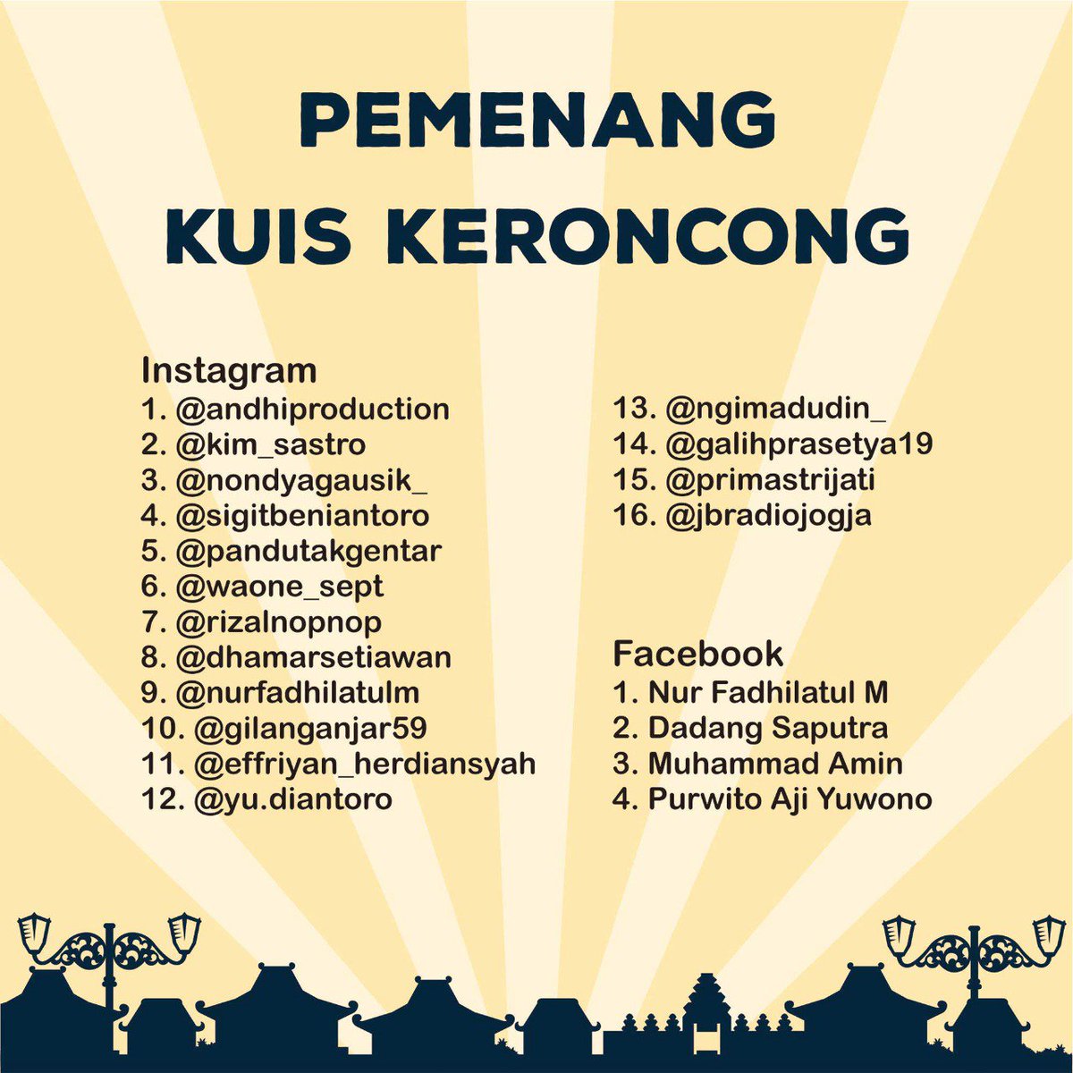 PasarKeroncong's tweet photo. Asikkk.... 
Ini dia pemenang kuis Pasar Keroncong tahun ini. Silahkan ambil di stand cinderamata pada pukul 19.00-tutup.

SELAMAT!!!!!! 

#pkk2018
#kotagede
#pasarkeroncong
#keroncongkotagede https://t.co/05moLHm4au