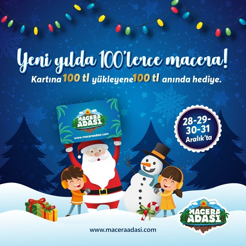 maceraadasi's tweet photo. Yeni yılda 100'lerce macera... Tüm maceracıların yeni yılda daha çok eğlenip daha çok macera yaşaması için 28-29-30-31 Aralık'ta Macera Adası kartına her 100 TL yüklemeye 100 TL hediye... 🎄🎁🎈#maceraadasi #macera #adrenalin #eglence #maceracilar #hediye #hediyekarti #yeniyil https://t.co/oWSU4LZ003