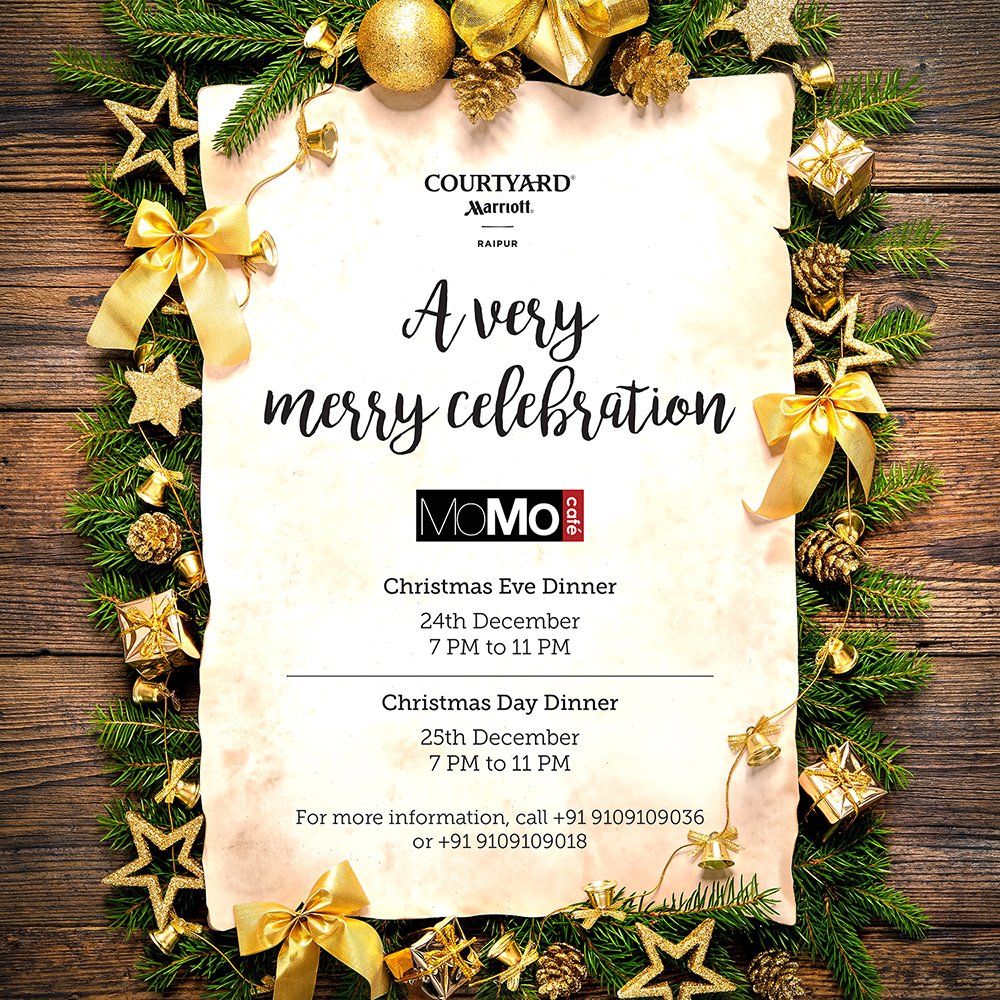 CourtyardRaipur's tweet photo. The most wonderful time of the year invites you to savour the special Christmas Eve dinner and a memorable #ChristmasDay brunch over shared smiles and warm hugs.
For reservations, call +91 9109109036 or +91 9109109018
#Christmas #ChristmasEve #ChristmasDinner #ChristmasBrunch https://t.co/2ERzZyMZeT