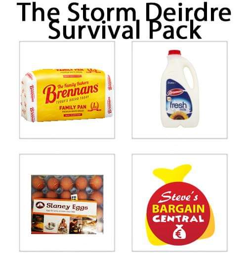 bcmm_ie's tweet photo. Here's our #StormDeirdre #survival packs! What's yours? We're open as normal today and will remain so unless it becomes unsafe! #bread #milk #fuel https://t.co/eISI00nDz3