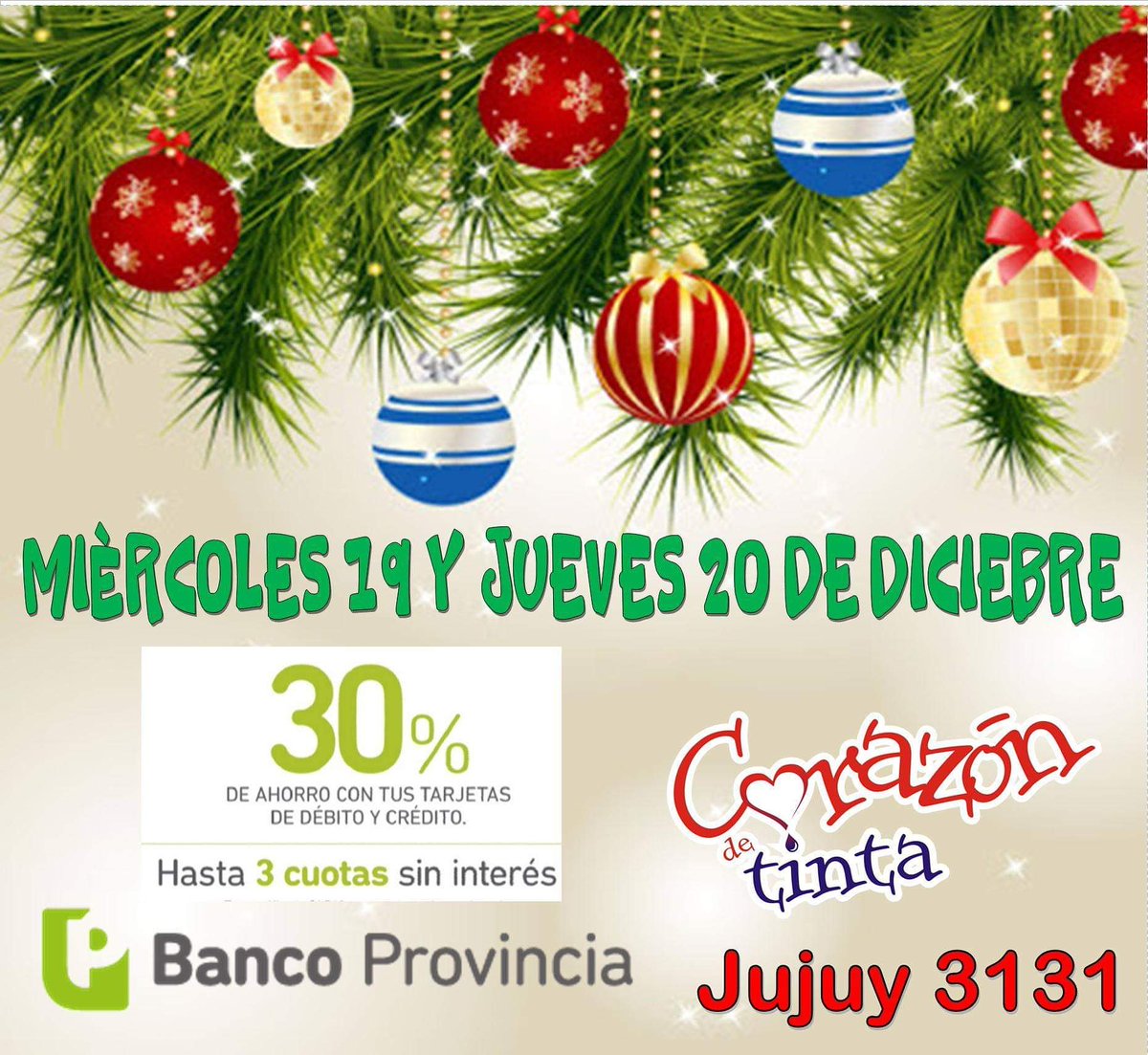 🎅🎄📚19 y 20 de diciembre, 30% de descuento con las tarjetas del Banco Provincia.
Visa y Mastercard, débito y crédito. Hasta 3 cuotas sin interés. Sin tope de reintegro.
Podés dejar reservados tus libros y retirarlos esos días. 
😁 Abriremos de 10 a 20 hs.
 🎅🎄🌟