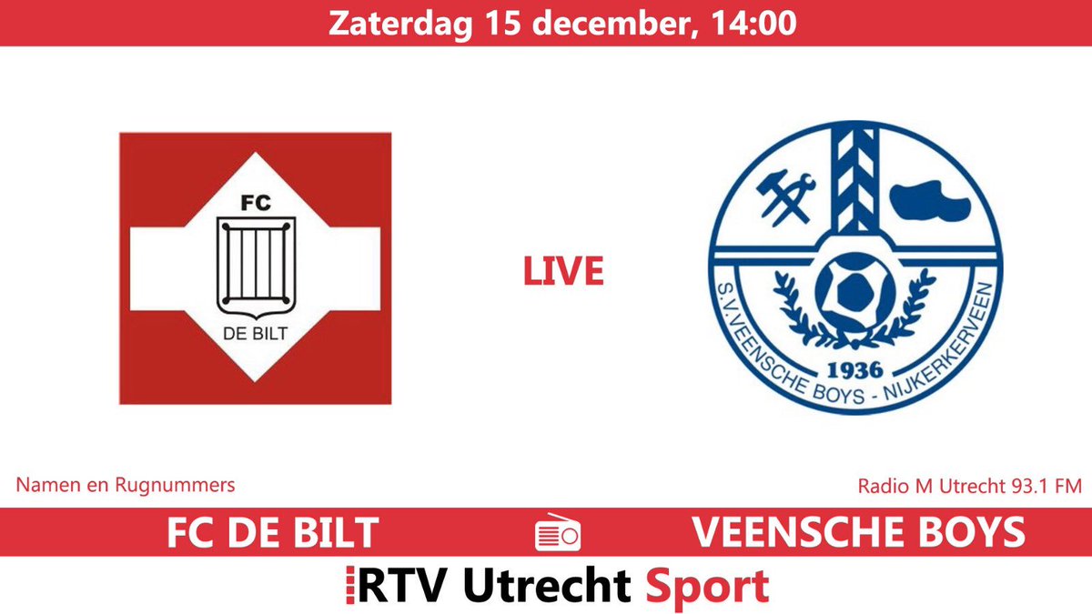 RTVUtrechtSport's tweet photo. Vanmiddag LIVE op de radio: @fcdebilt tegen @svveenscheboys, een topper in de Tweede Klasse B! #BilVee

🎙 Uw commentator is @Mennos91 vanuit De Bilt

📻 Live op #RadioM #rtvutrecht https://t.co/E0RNixiz59