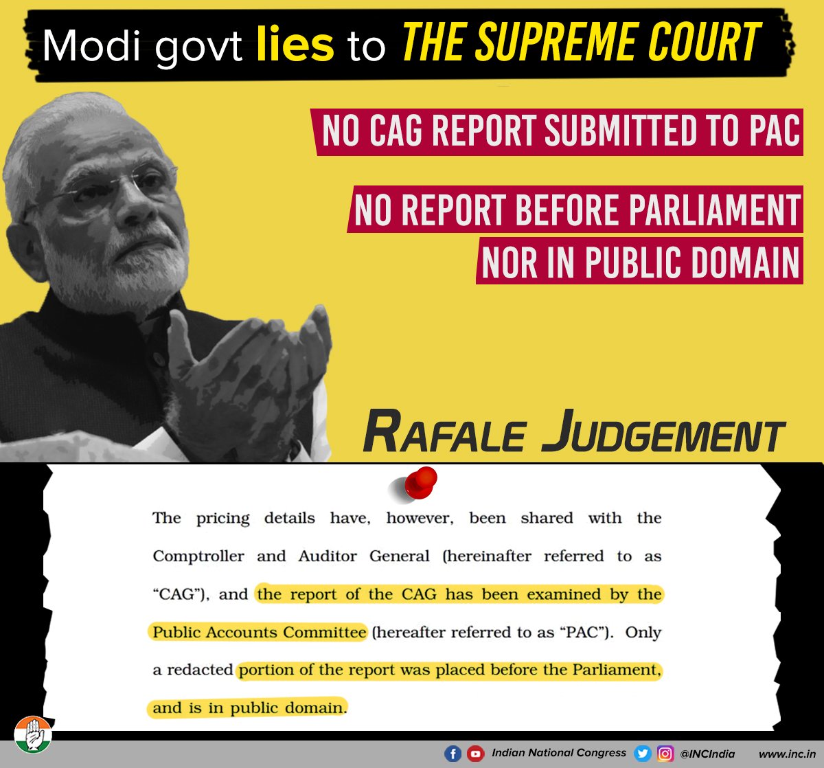 INCIndia's tweet photo. The so-called CAG report is probably in the same place PM Modi left the Rs. 15 lakh he owes us all.

#ModiLiesToSupremeCourt https://t.co/tYpsw1SRTj