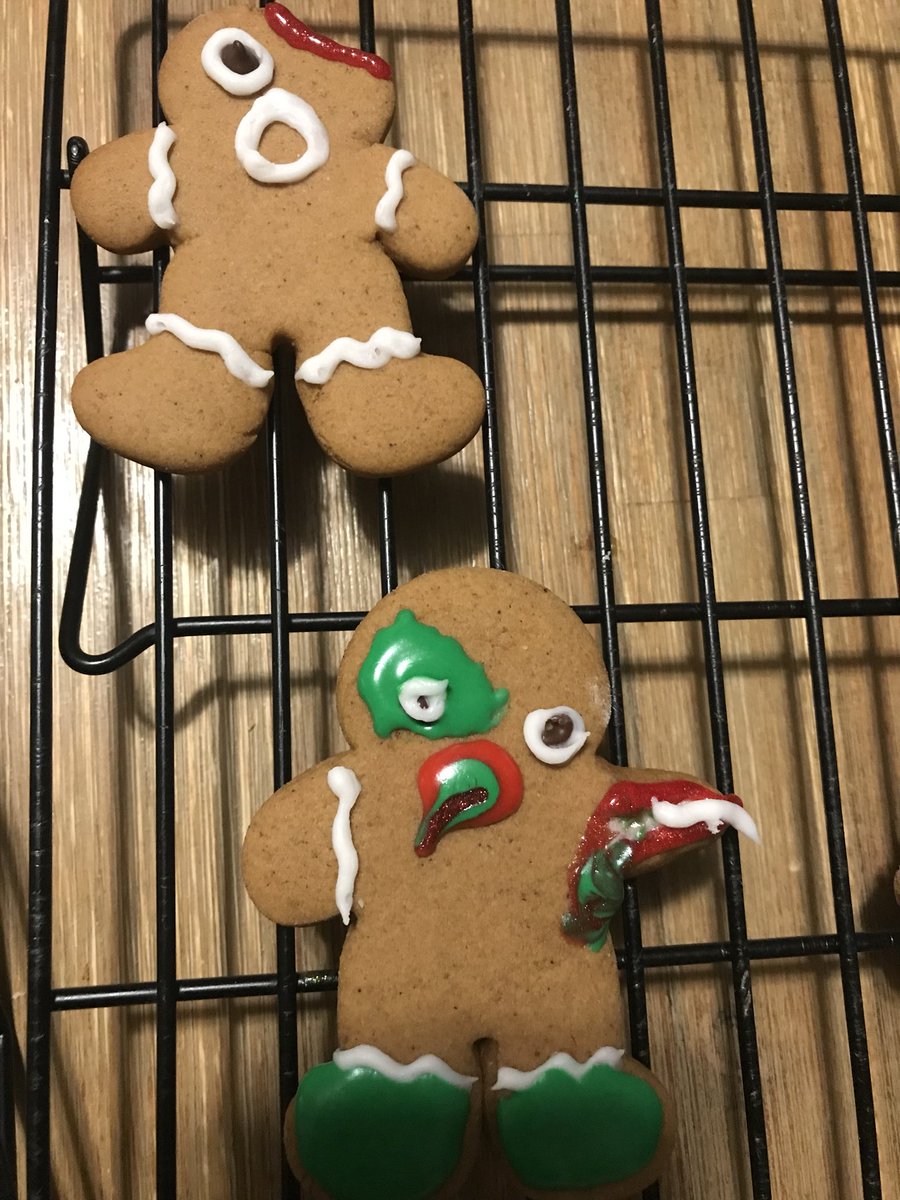 NumbZombieMom's tweet photo. While I am a kick ass baker, I am not a “decorator”... at all. I give to you “Reclining zombies, beach folks, and wtf is that.. there’s blood?” Gingerbread cookies! My kids love them, so my job is done. And no, I don’t sell these abominations, but they taste great.
#ZombiesRule https://t.co/L1zAbLzPM6