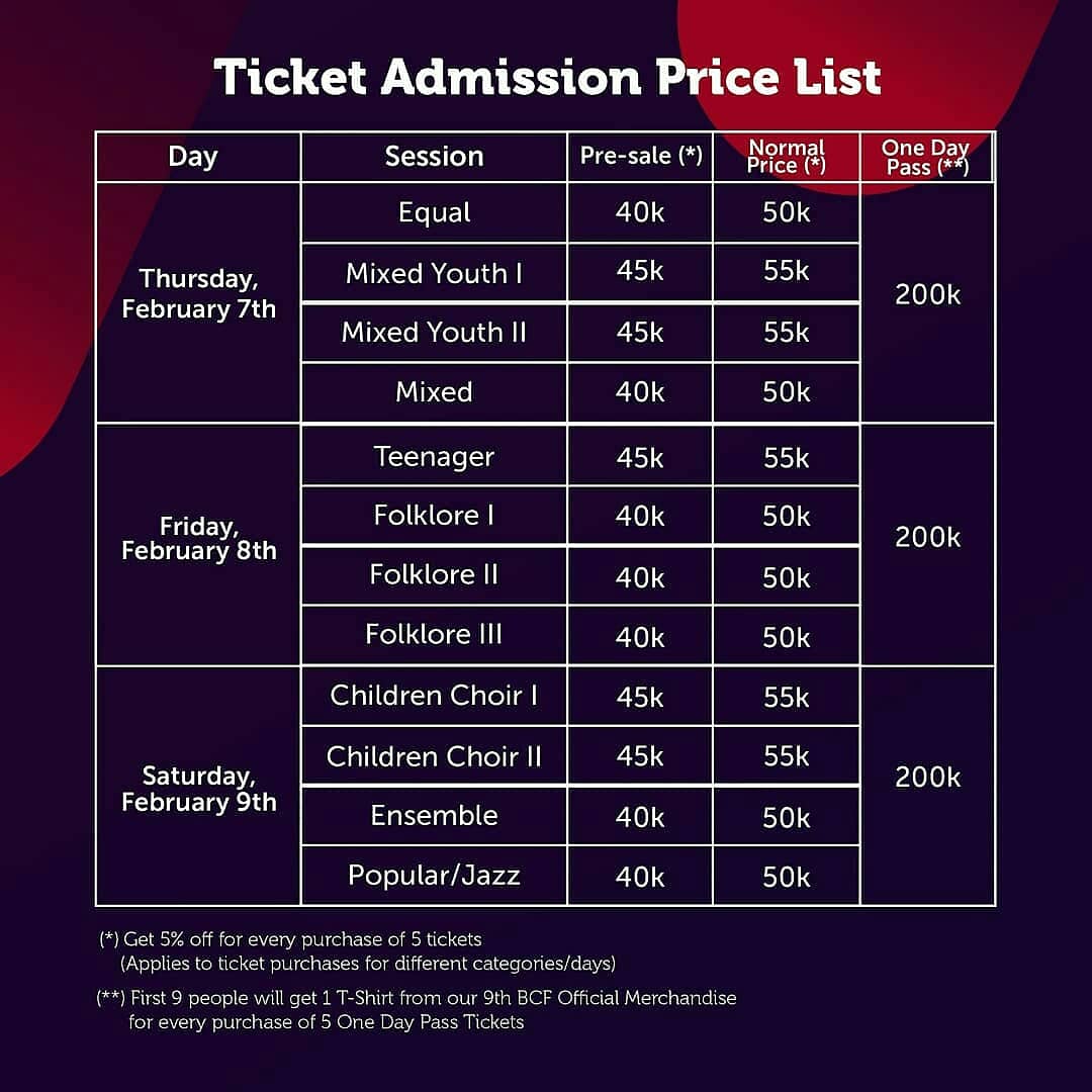 BCF_UB's tweet image. 9TH BRAWIJAYA CHOIR FESTIVAL 2019 "Expression of Love" is open for public.

Tickets are available on Presale, Normal Price, and One Day Pass! 

For further information and ticket reservation please Contact :
Gratia (+62 8128 3391 910) 
#BCF9 

Grab fast your ticket!
