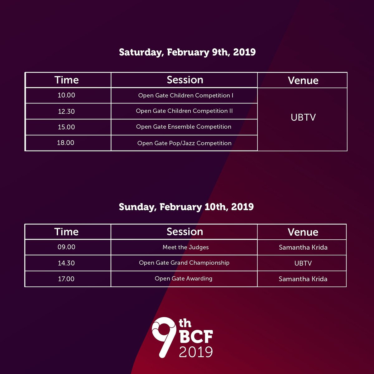 BCF_UB's tweet image. 9th BRAWIJAYA CHOIR FESTIVAL 2019 

Here's 9th Brawijaya Choir Festival Sessions' Open Gate Schedule

With the following categories: Children Choir, Teenager Choir, Mixed Youth Choir, Mixed Choir, Equal Choir, Ensemble Choir Foklore Choir, Pop/Jazz Choir.
#BCF9