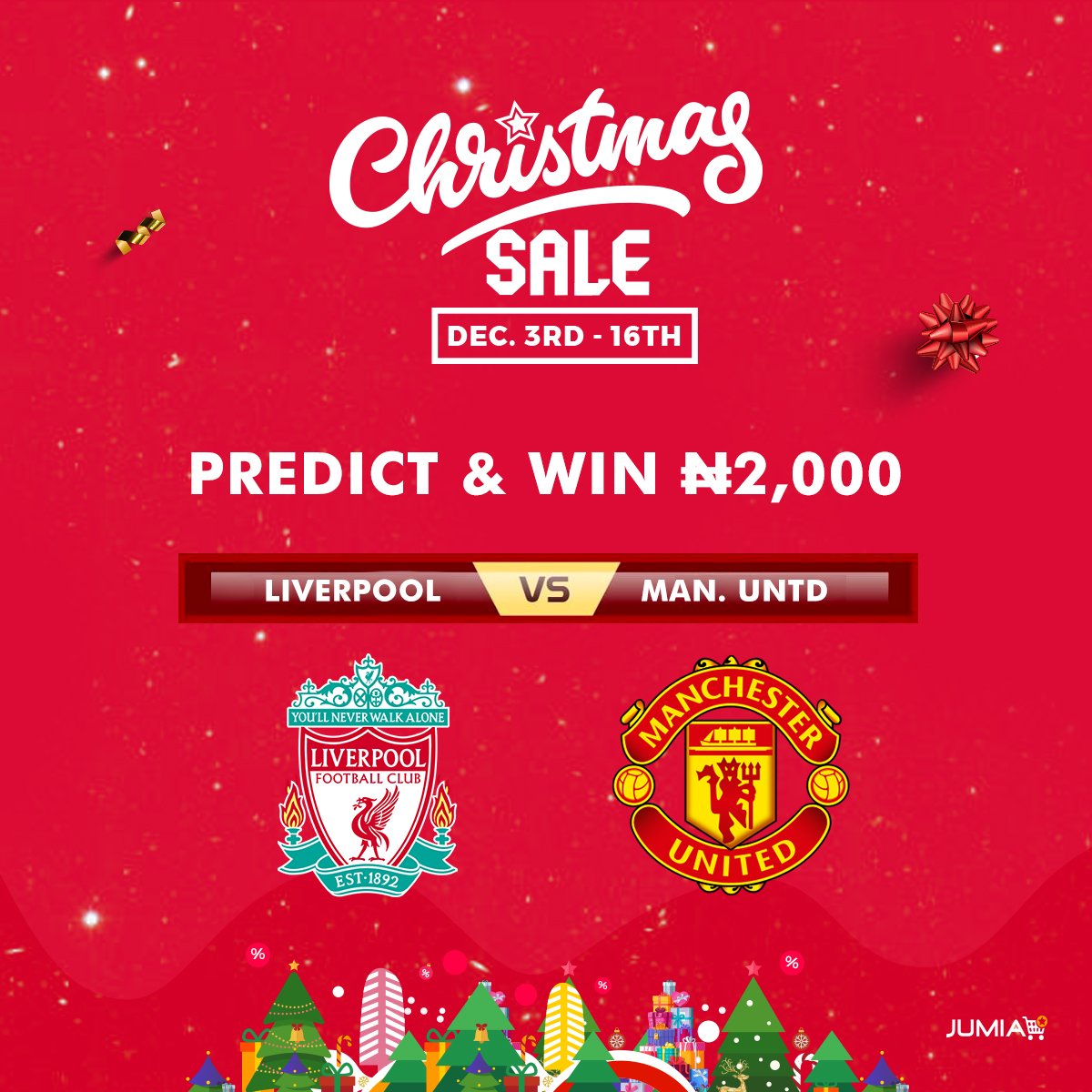 JumiaNigeria's tweet photo. Liverpool Vs Manchester United ⚽️
Correctly predict the final score of this match and stand the chance of winning a ₦2,000 voucher.
https://t.co/AiFQlSm1ko
Follow and RT to qualify.
Winners will be randomly selected.
#ChristmaswithJumia https://t.co/3gjREhTBtS