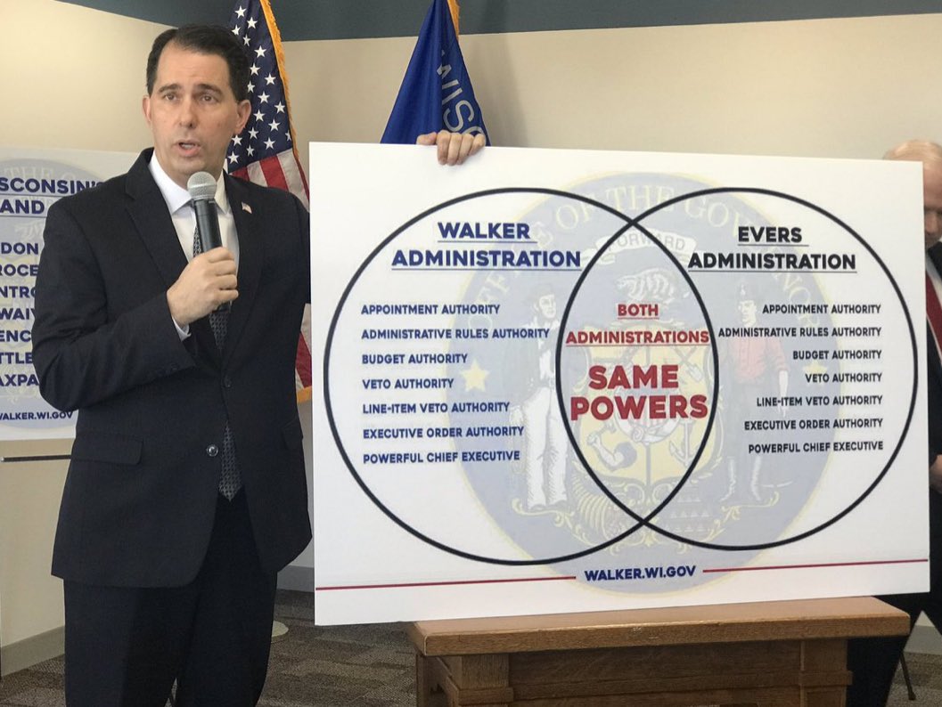Scott Walker accidentally reveals he doesn’t get Venn diagrams while downplaying GOP’s power grab.
 
If the powers @ScottWalker & @GovElectEvers share are really the same, there’d be no need for a Venn diagram at all vox.com/policy-and-pol… #WIPowerGrab
