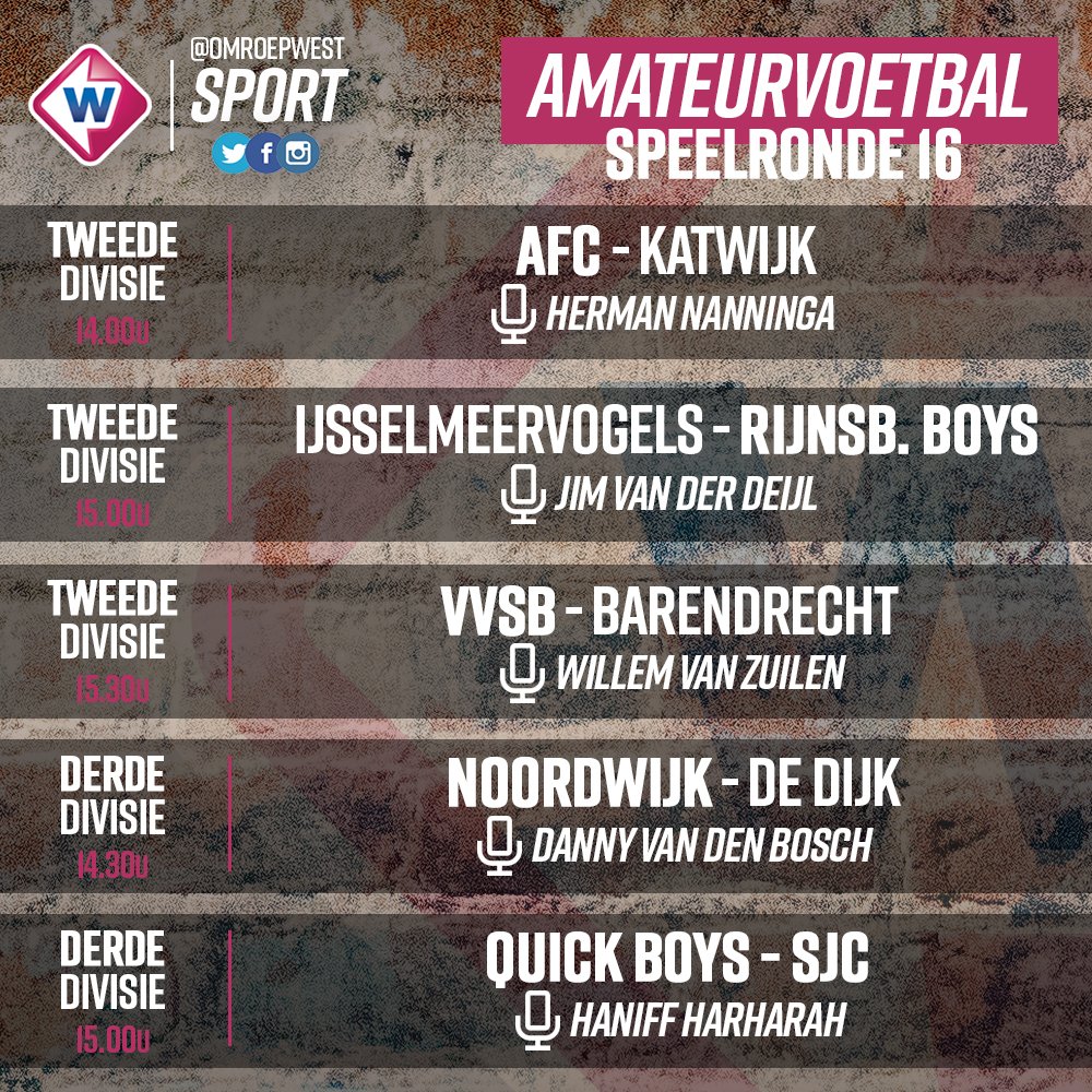 OmroepWestSport's tweet photo. π» | Op deze laatste speeldag van het amateurvoetbal pakken we uit met Radio West Sport. Onze verslaggevers zitten vanmiddag bij maar liefst 5οΈβ£ duels! Drie in de @2deDivisie, twee in de derde divisie.
Vanaf 14.00 uur op 89.3 Radio West...
#afckat #ijsrbb #vvsbar #noodij #quisjc https://t.co/rQUsPzCxLR